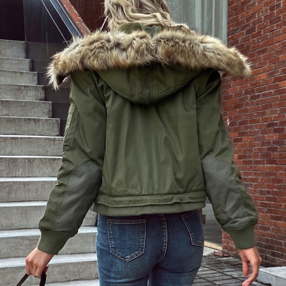 Vegan fur olive zipper button fall hoodie jacket - Picture 5 of 6